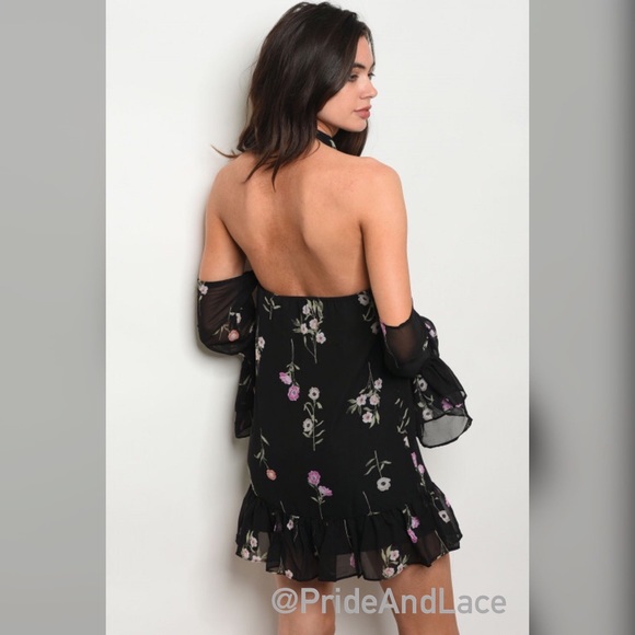 LAST 1 🌷Black Floral Cold Shoulder Dress🌷 - Picture 2 of 2